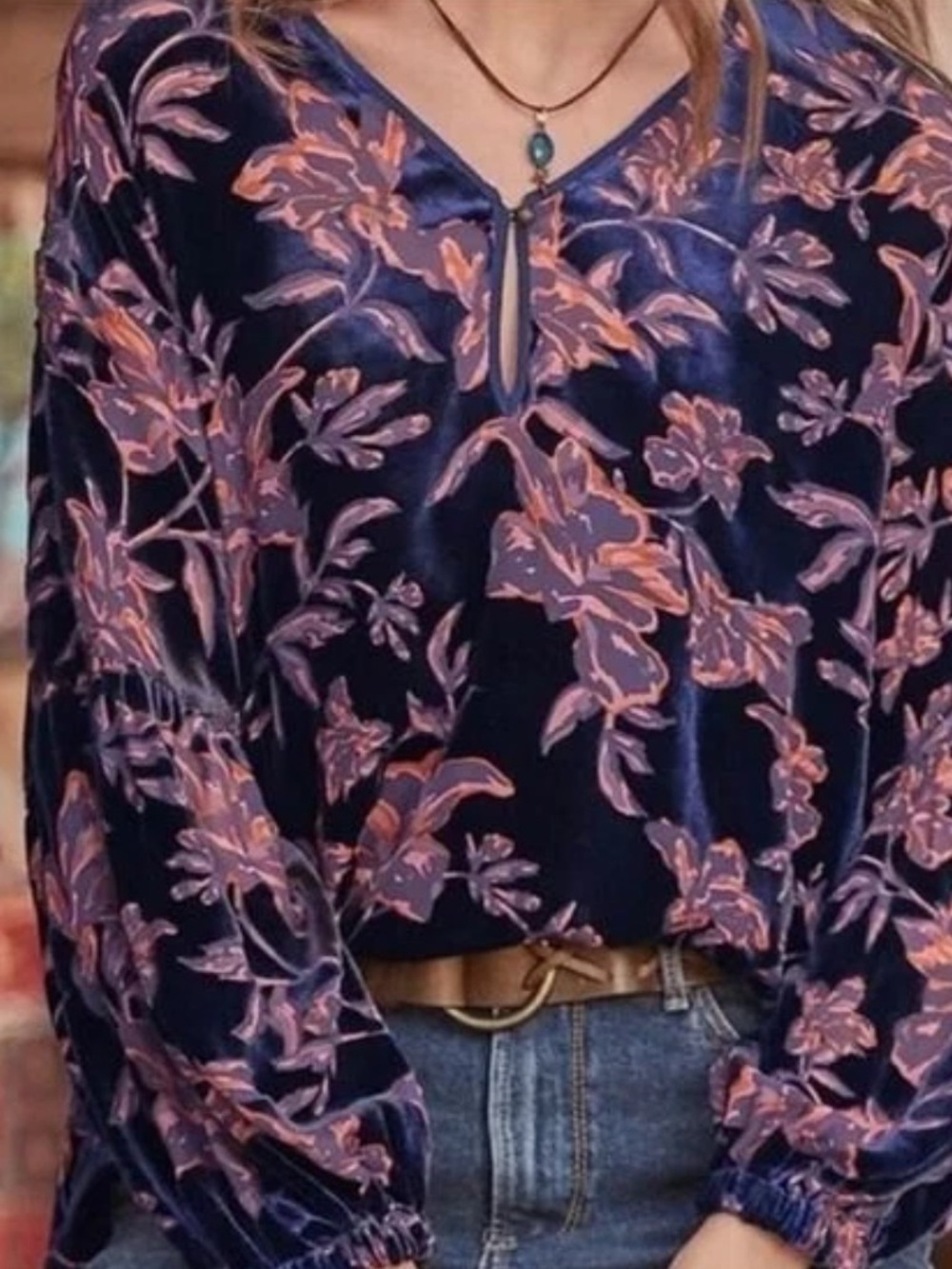 Sundance Blue Floral Burnout Velvet Silk Blend Blouse Medium Bohemian - Picture 2 of 7